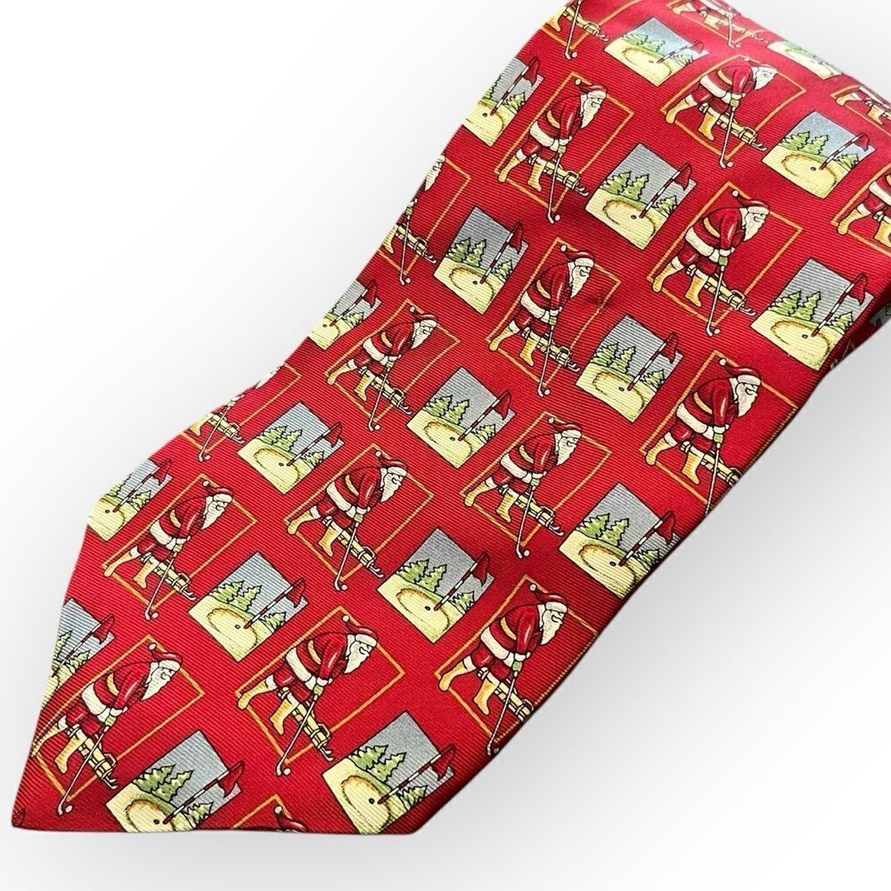 Hallmark Silk Vintage Santa Golfer Tie Red with Santa Golfing Print Christmas